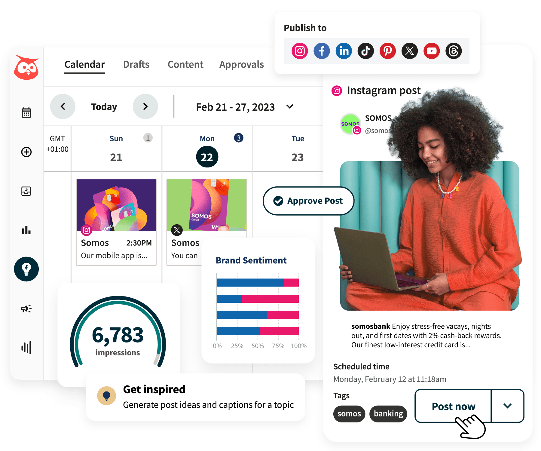 Screenshot samples of various Hootsuite tools, such as post scheduling, brand sentiment charts, and a calendar.