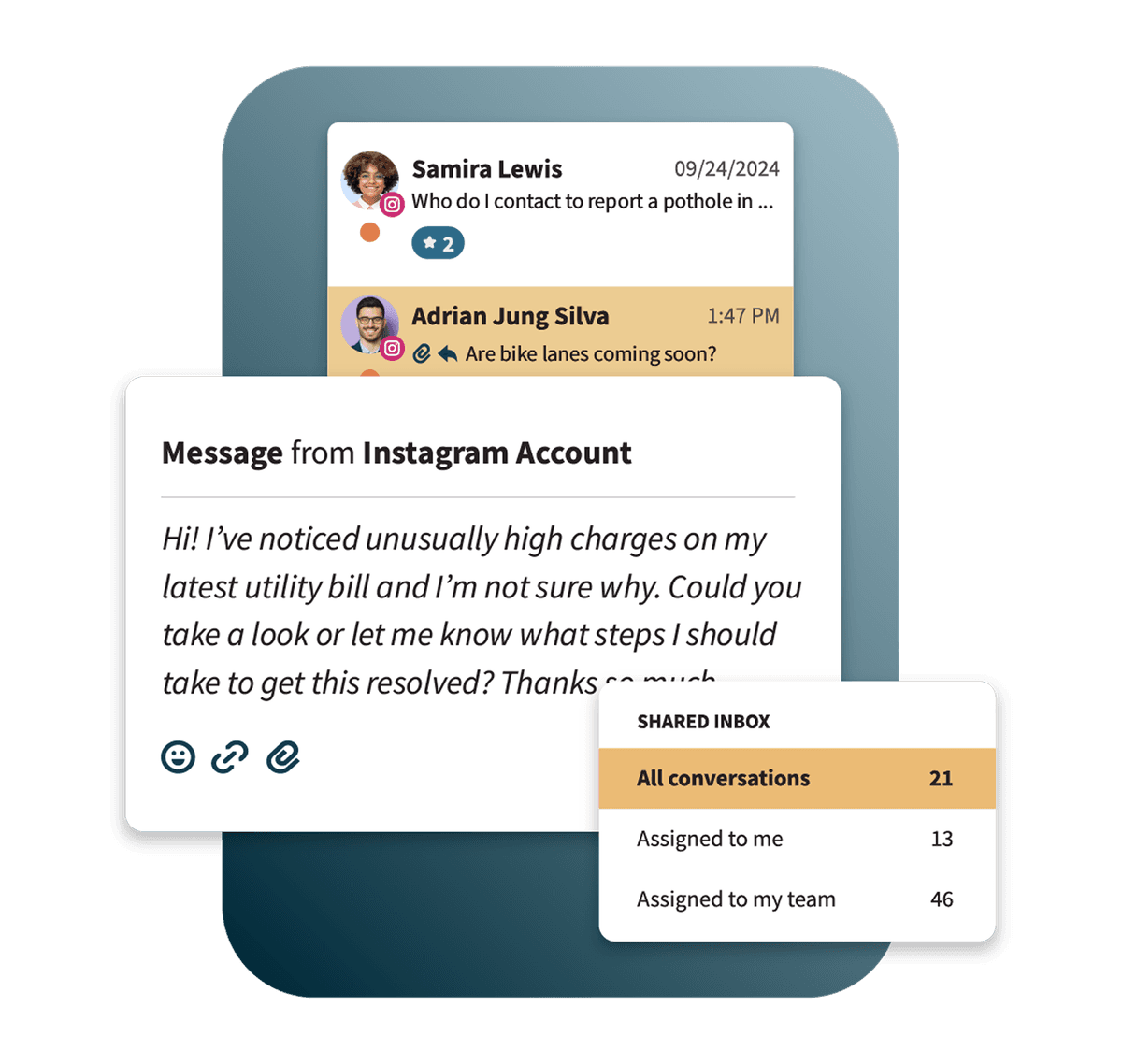 Social media inbox interface showing customer messages about utilities services, with a shared inbox counter displaying conversation stats